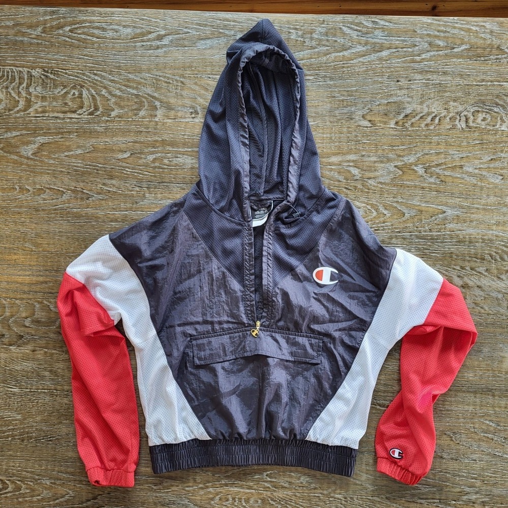 Champion Womens Colorblock Windbreaker Quarter Zip Jacket Black Red White XS